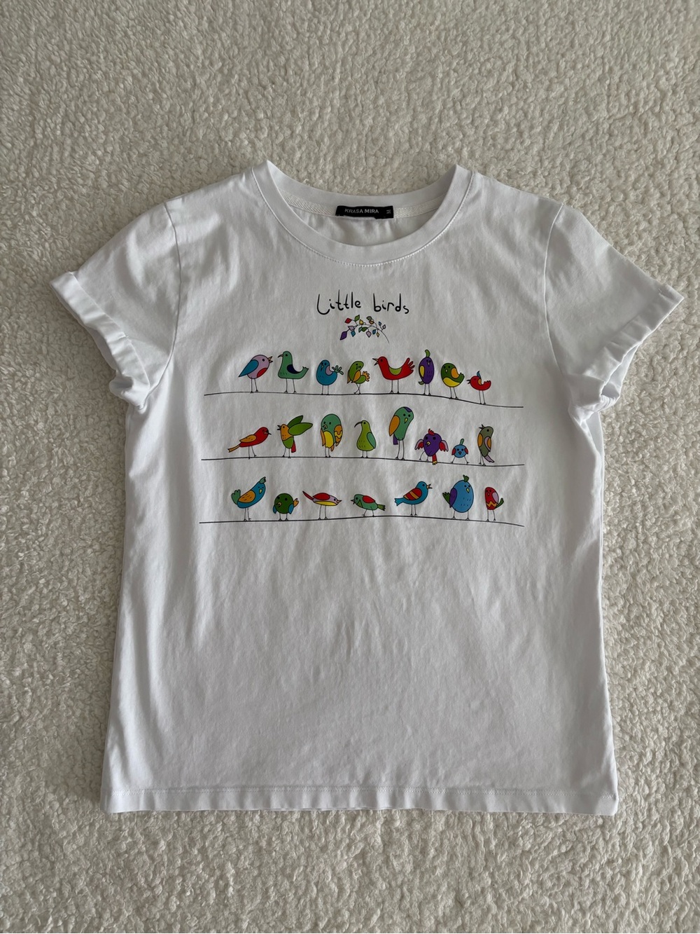 White Graphic Cotton T-Shirt, Colorful Little Birds Print, Size M